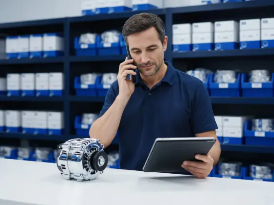 Parts specialist holding an alternator while confirming fitment